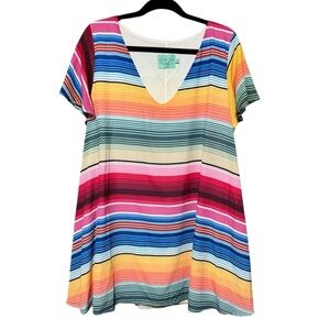 JUDITH MARCH Serape Stripe V-Neck Short Sleeve Mini A-line Multicolored Dress